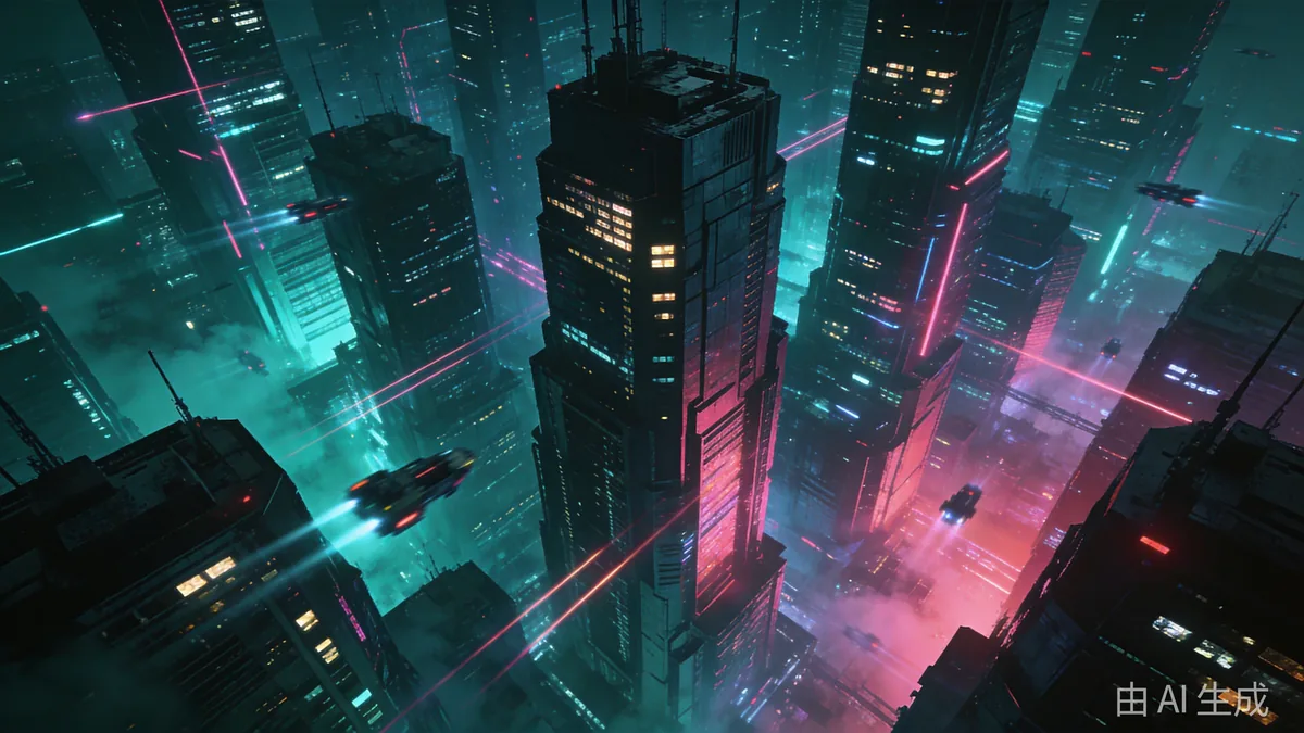 Night aerial view of a sprawling cyberpunk megacity with neon light trails of flying vehicles weaving between skyscrapers.