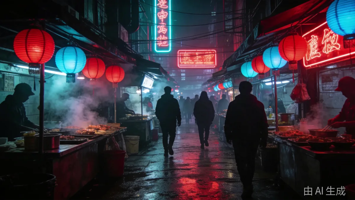 Steam-filled cyberpunk night market alley with glowing lanterns, neon signs and silhouetted passersby.