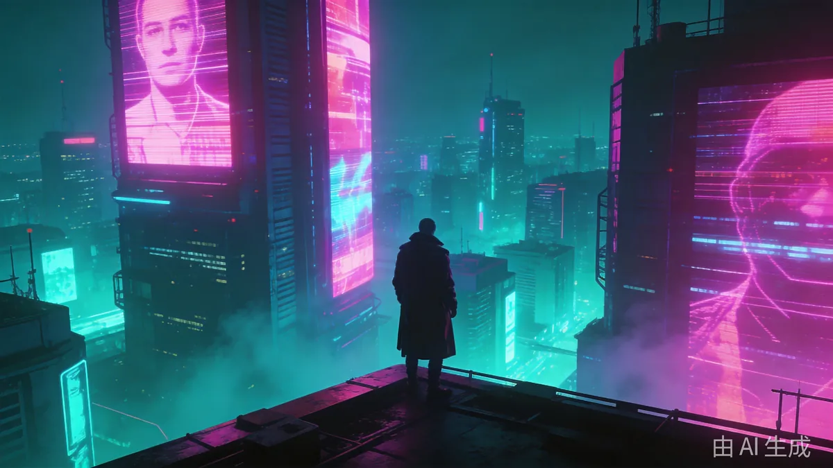 A lone figure in a long coat on a rooftop edge overlooking a hazy cyberpunk skyline with giant holographic ads.