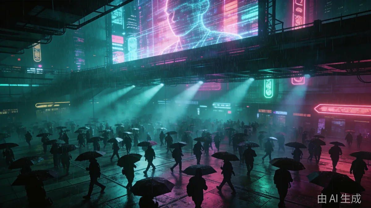 Crowds with umbrellas crossing a rain-lit cyberpunk plaza beneath a colossal holographic billboard.