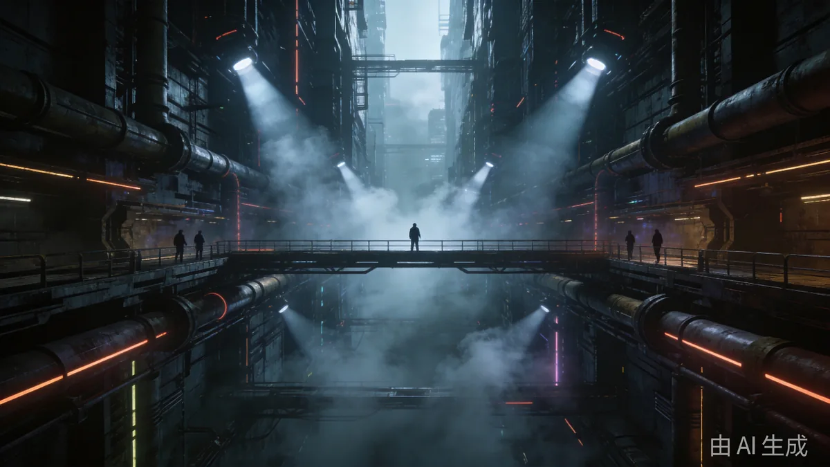 Deep one-point perspective of a megastructure canyon street with searchlights, fog and elevated walkways in a cyberpunk city.