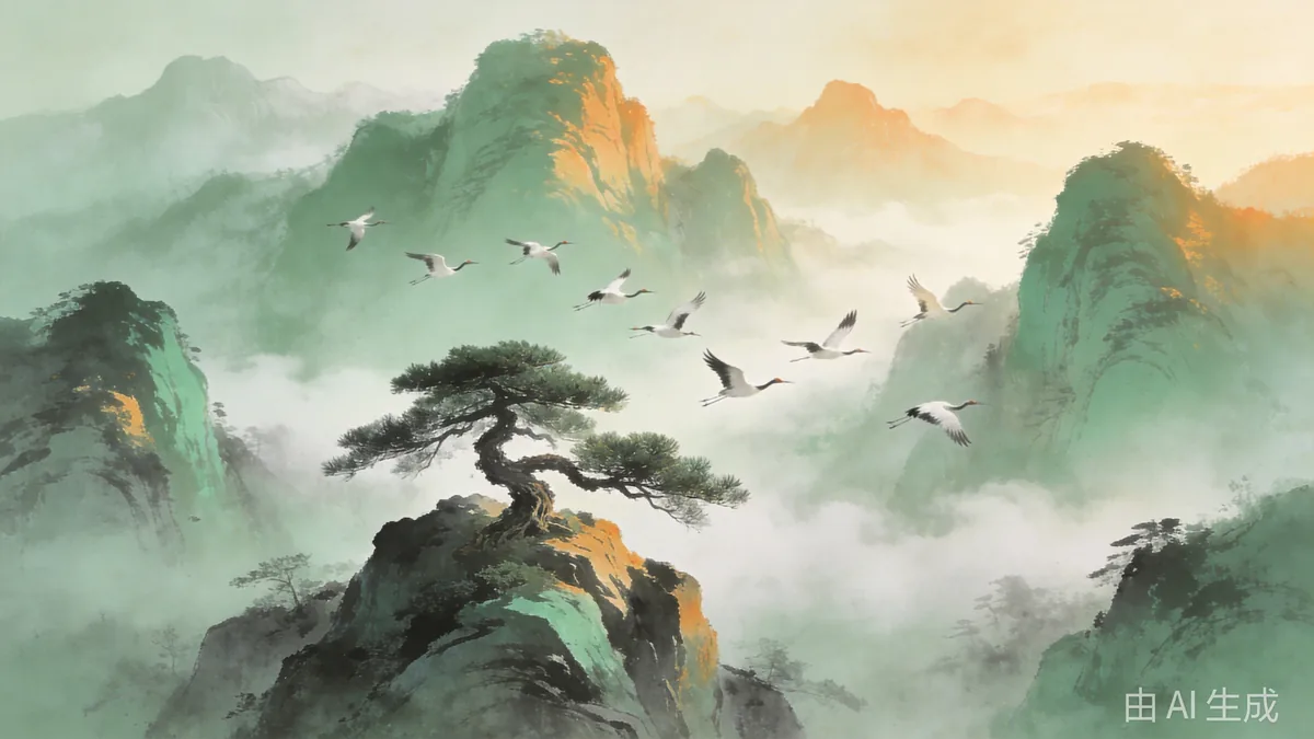Misty layered peaks in Chinese ink-wash style with cranes flying through the mist and a lone pine on a summit.