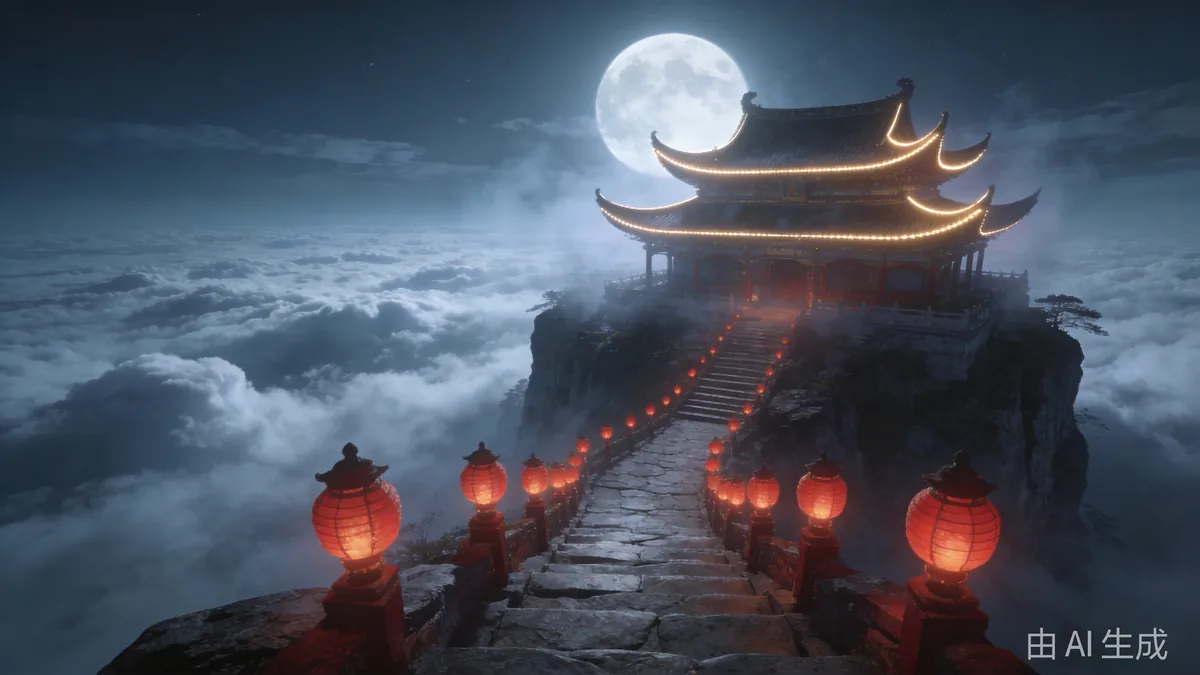A celestial palace with curved eaves on a cliff above a sea of clouds, lantern-lit stone steps under a full moon.