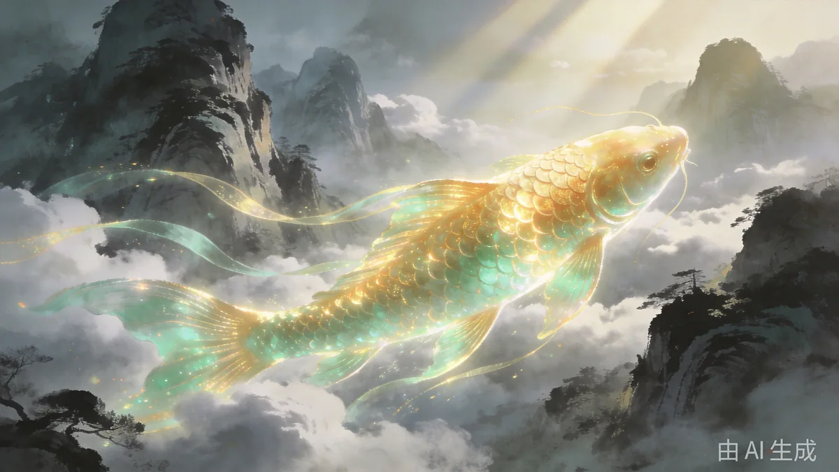 A giant luminous spirit koi swimming through clouds between misty mountains, trailing ribbons of light.