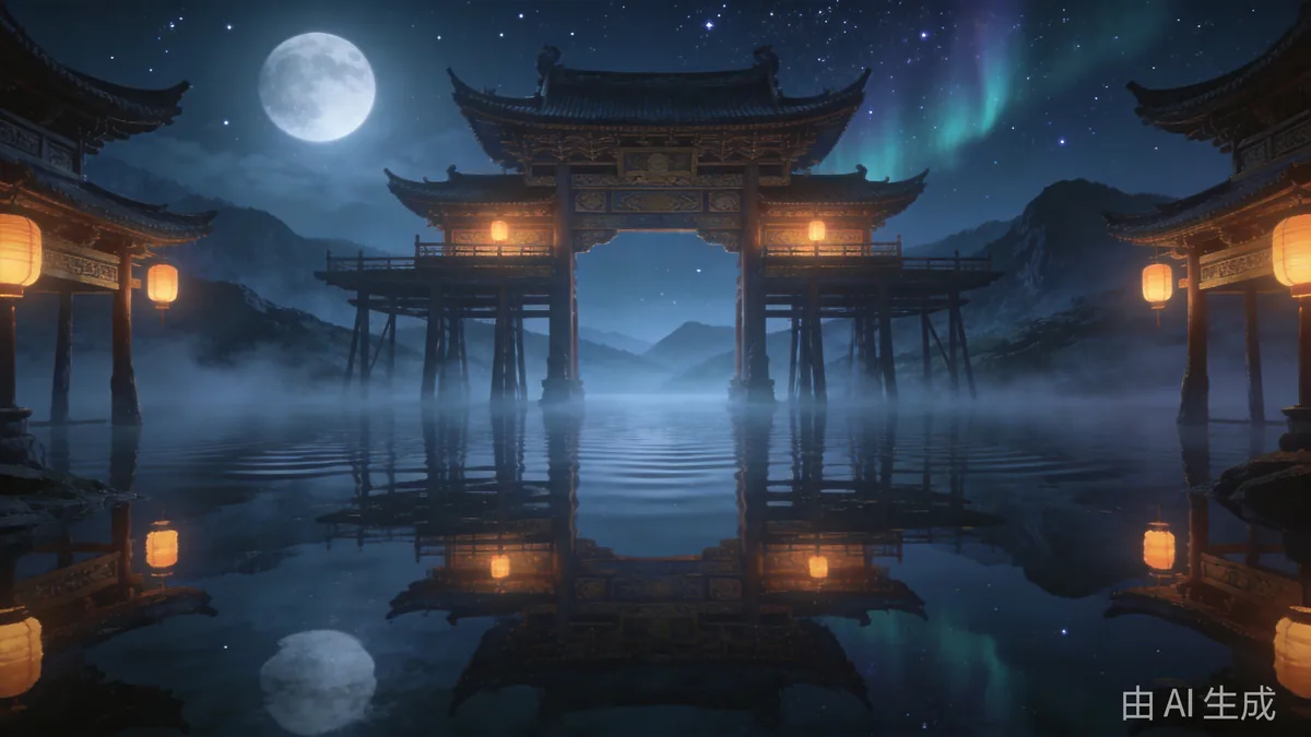 An ancient temple gate on stilts in a misty mountain lake at night, mirror reflection under a starry aurora sky.