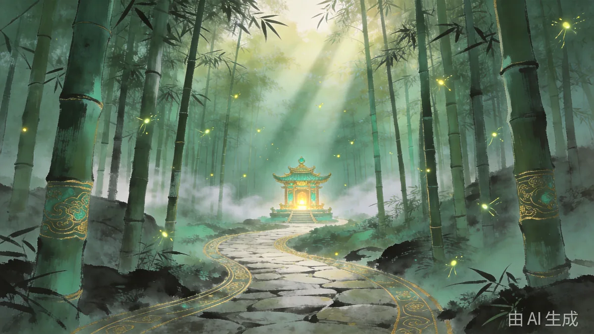 A stone path winding through tall bamboo toward a glowing shrine, fireflies drifting in beams of morning light.