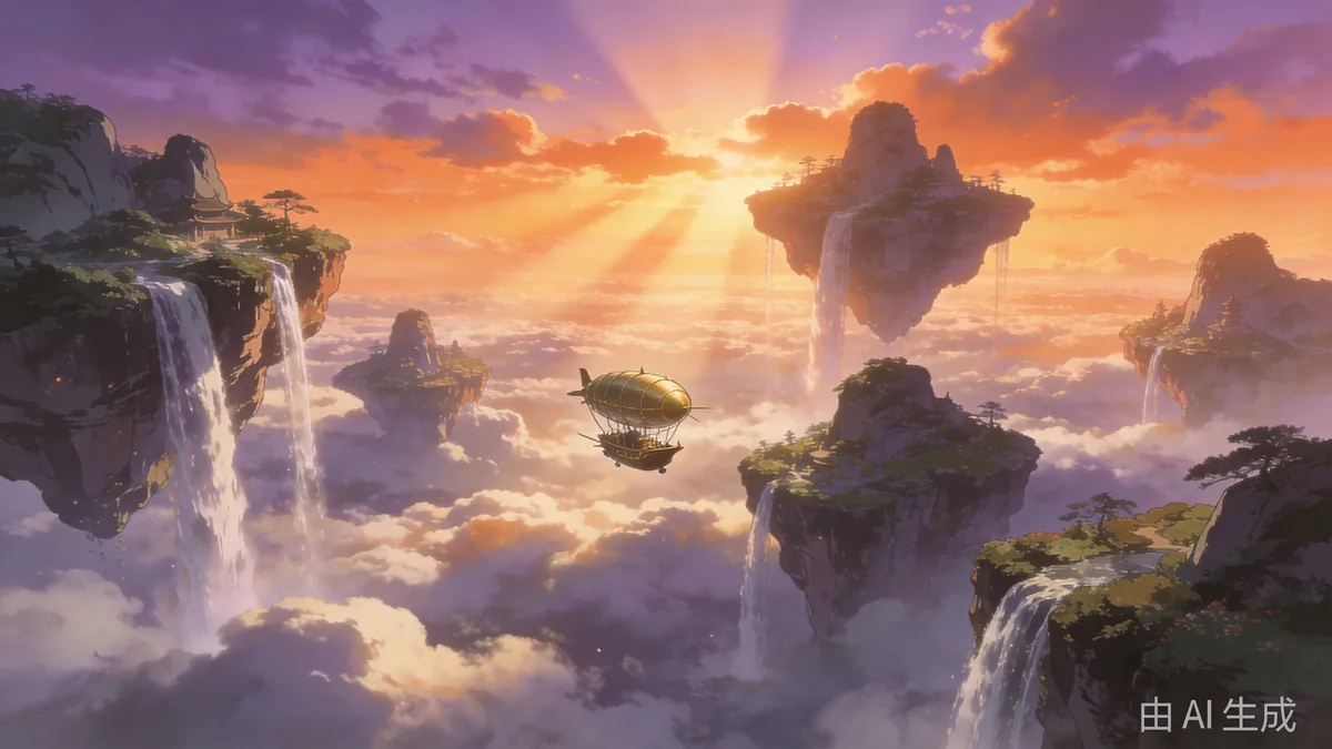 Floating sky islands above a sea of clouds with waterfalls pouring into the sky and a small brass airship gliding between them.