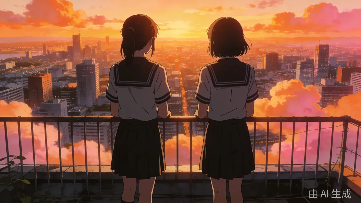 Two students on a sunset rooftop seen from behind, facing a sprawling city skyline under orange and pink clouds.