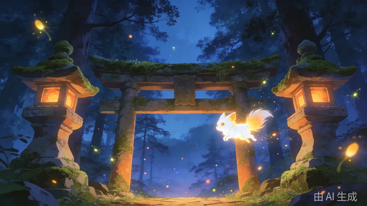 A mossy shrine gate at the forest edge at twilight with a small glowing spirit creature and drifting fireflies.