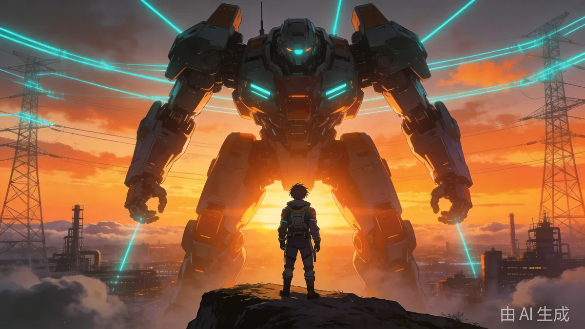 A young pilot on a cliff top before a colossal mecha at dawn, backlit power lines glowing cyan over a hazy industrial city.