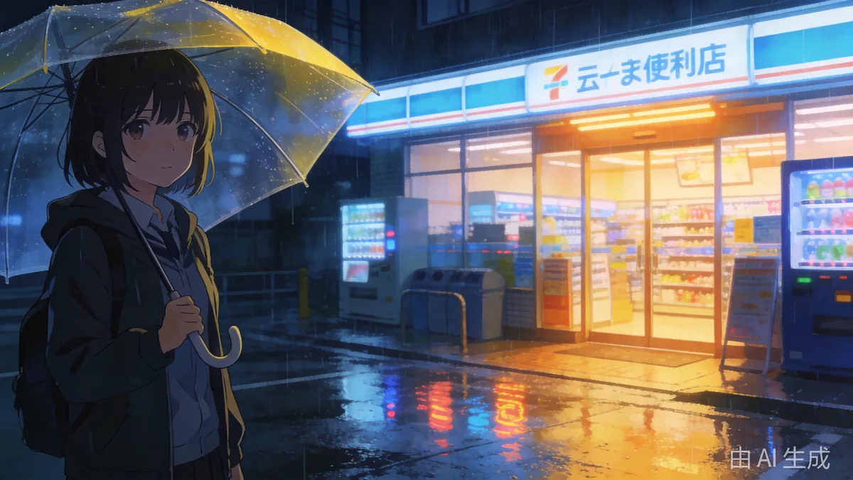 A girl with a softly tinted transparent umbrella outside a glowing convenience store on a rainy anime-style night street.