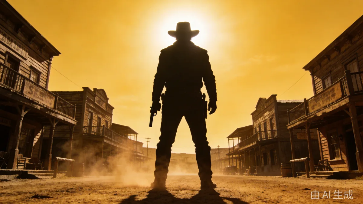 A lone gunslinger silhouette on a dusty frontier main street at high noon, bleached golden light with rising heat haze.