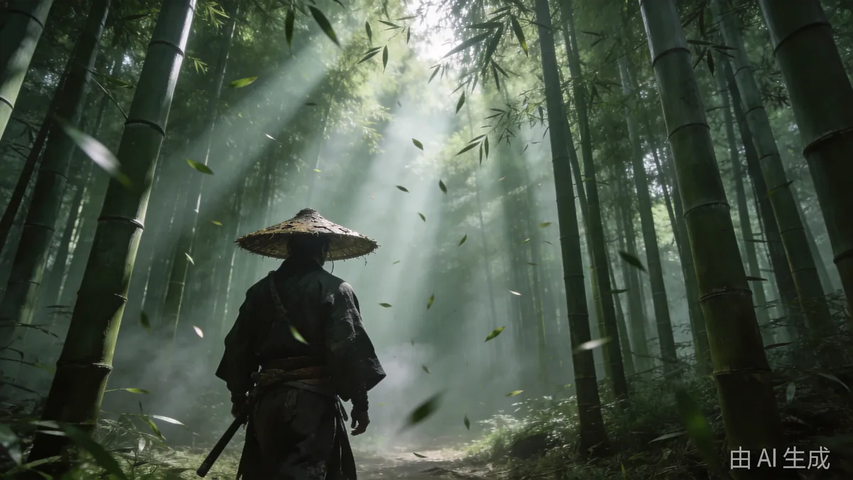 A ronin in a straw hat walking through a misty bamboo grove with vertical shafts of morning light and falling leaves.
