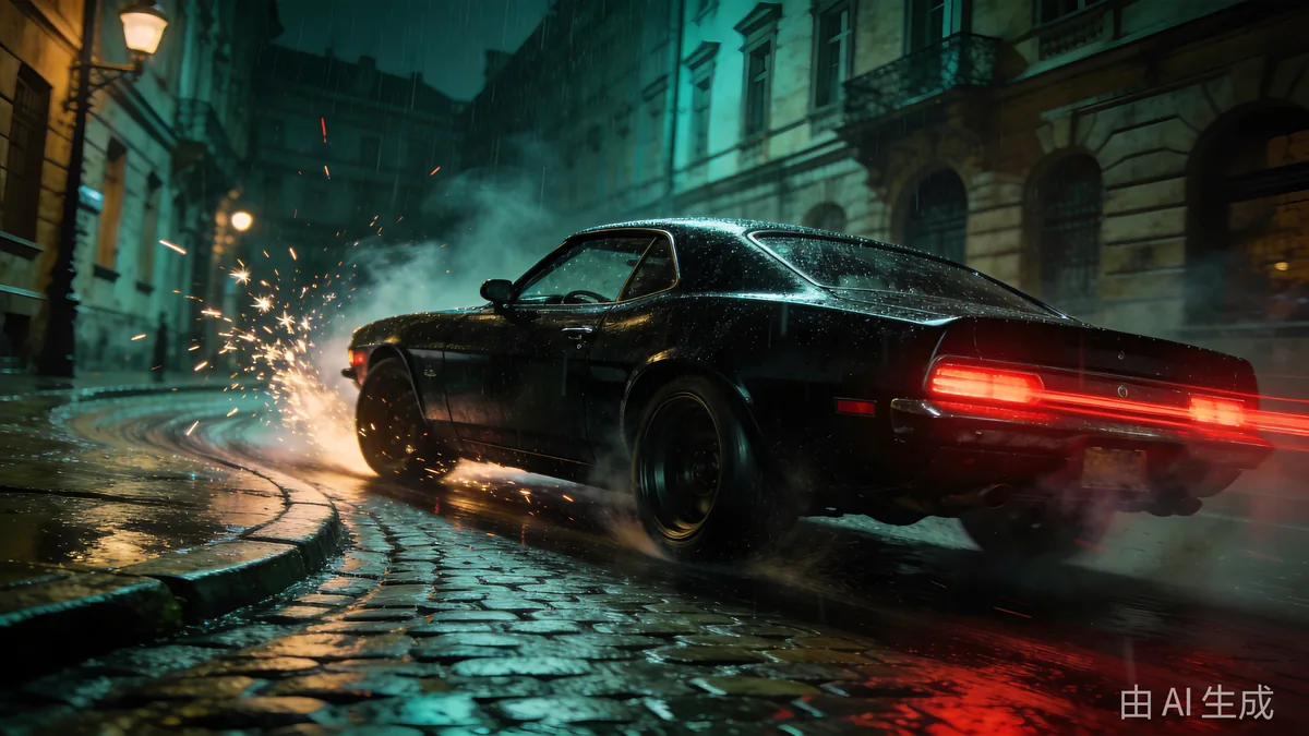 A matte black muscle car drifting a rain-slick cobblestone corner at night, sparks flying and tail lights streaking red.
