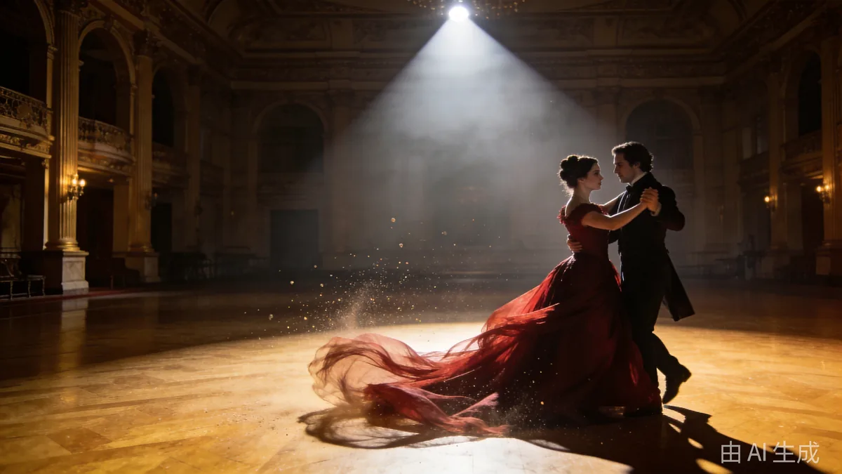 A couple slow dancing under a single spotlight in a vast dark ballroom, the woman's crimson gown swirling with dust motes in the beam.