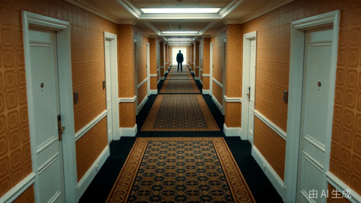 A lone figure at the end of a perfectly symmetric hotel corridor with geometric amber wallpaper, rigid one-point perspective.