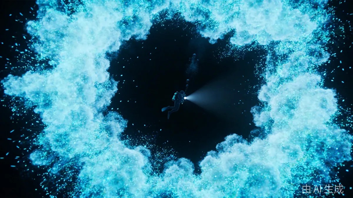 A lone diver's silhouette inside a blooming cloud of bioluminescent plankton in a black abyss.