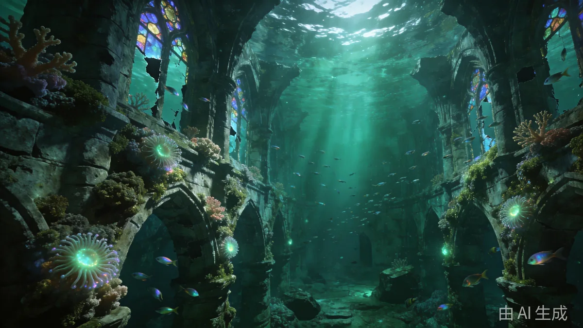 An ancient sunken cathedral with coral and bioluminescent anemones on its stone arches.