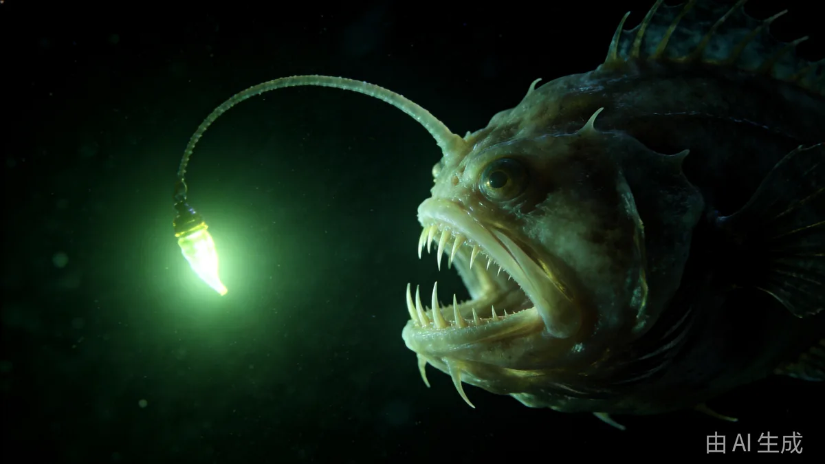 An anglerfish in absolute darkness, only its glowing lure and the edge of its teeth visible.