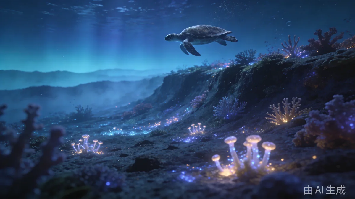 A twilight-zone coral garden glowing along an underwater ridge, a sea turtle gliding overhead.