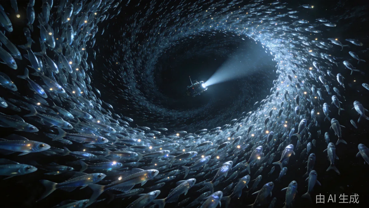 A massive school of lanternfish spiraling upward like a galaxy of living lights.