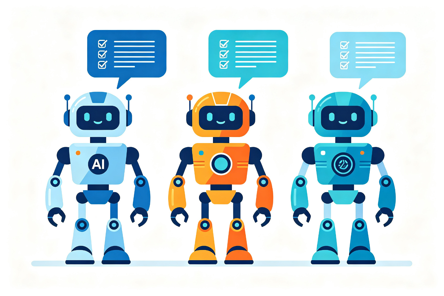 Three AI robots in conversation — the competitive field V4 Pro plays in